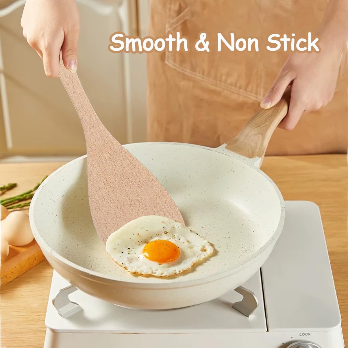 Wooden Spatula for Cooking, 13" Long Handle Flat Wood Spatulas Turner for Non Stick Cookware with 8.8’’ Uncoated Spurtle for Frying Mixing Kitchen Utensil Set 2 PCS - Image 2