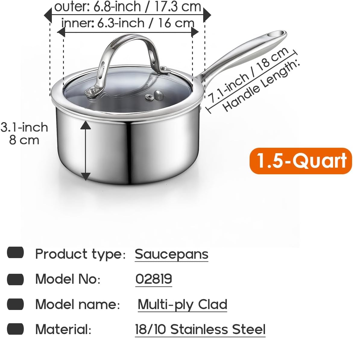 Stainless Steel Saucepan with Lid, Multi-Ply Clad Sauce Pot 1.5-Quart, Silver - Image 2