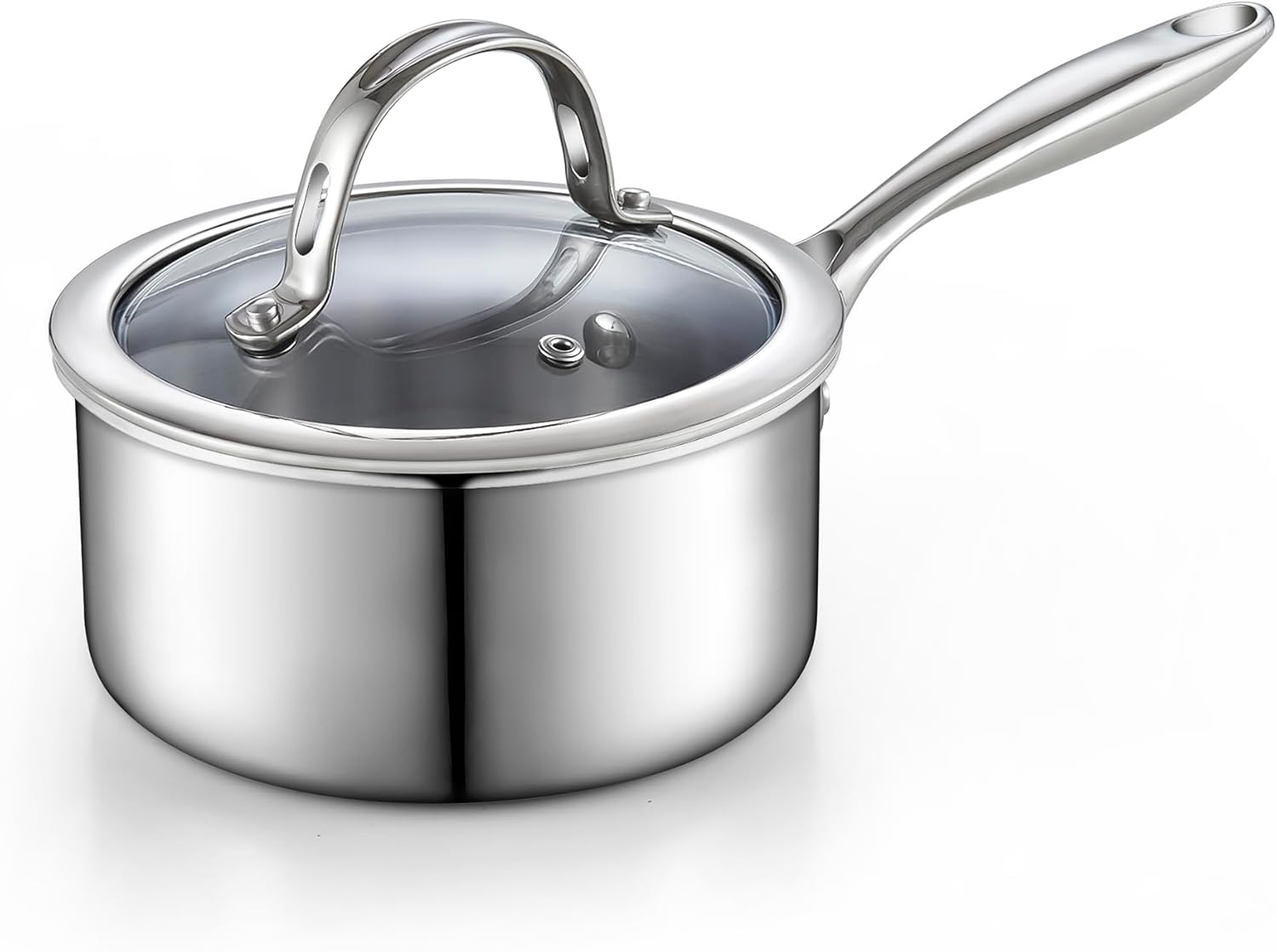 Stainless Steel Saucepan with Lid, Multi-Ply Clad Sauce Pot 1.5-Quart, Silver