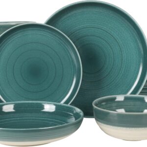 16 Piece Double Bowl Stoneware Reactive Glaze Round Plates and Bowls Dinnerware Set - Teal