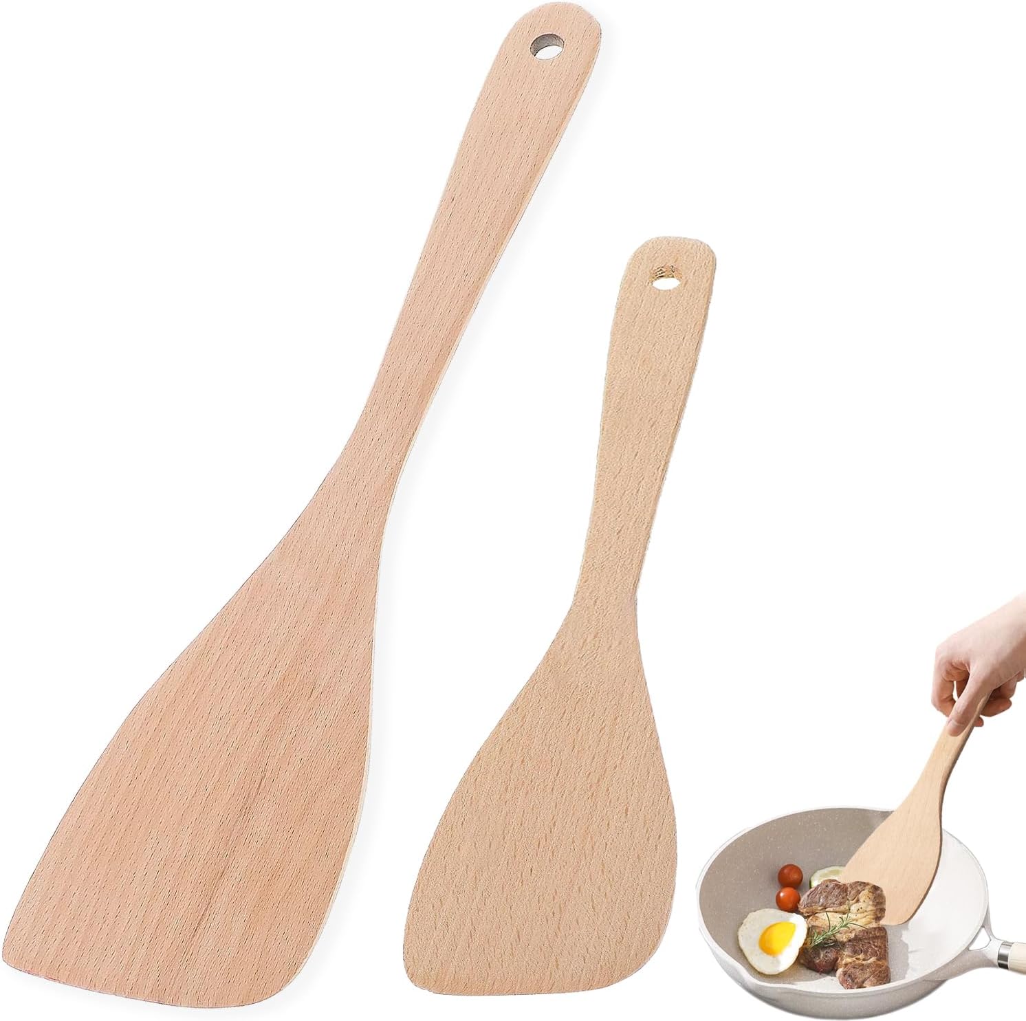 Wooden Spatula for Cooking, 13" Long Handle Flat Wood Spatulas Turner for Non Stick Cookware with 8.8’’ Uncoated Spurtle for Frying Mixing Kitchen Utensil Set 2 PCS