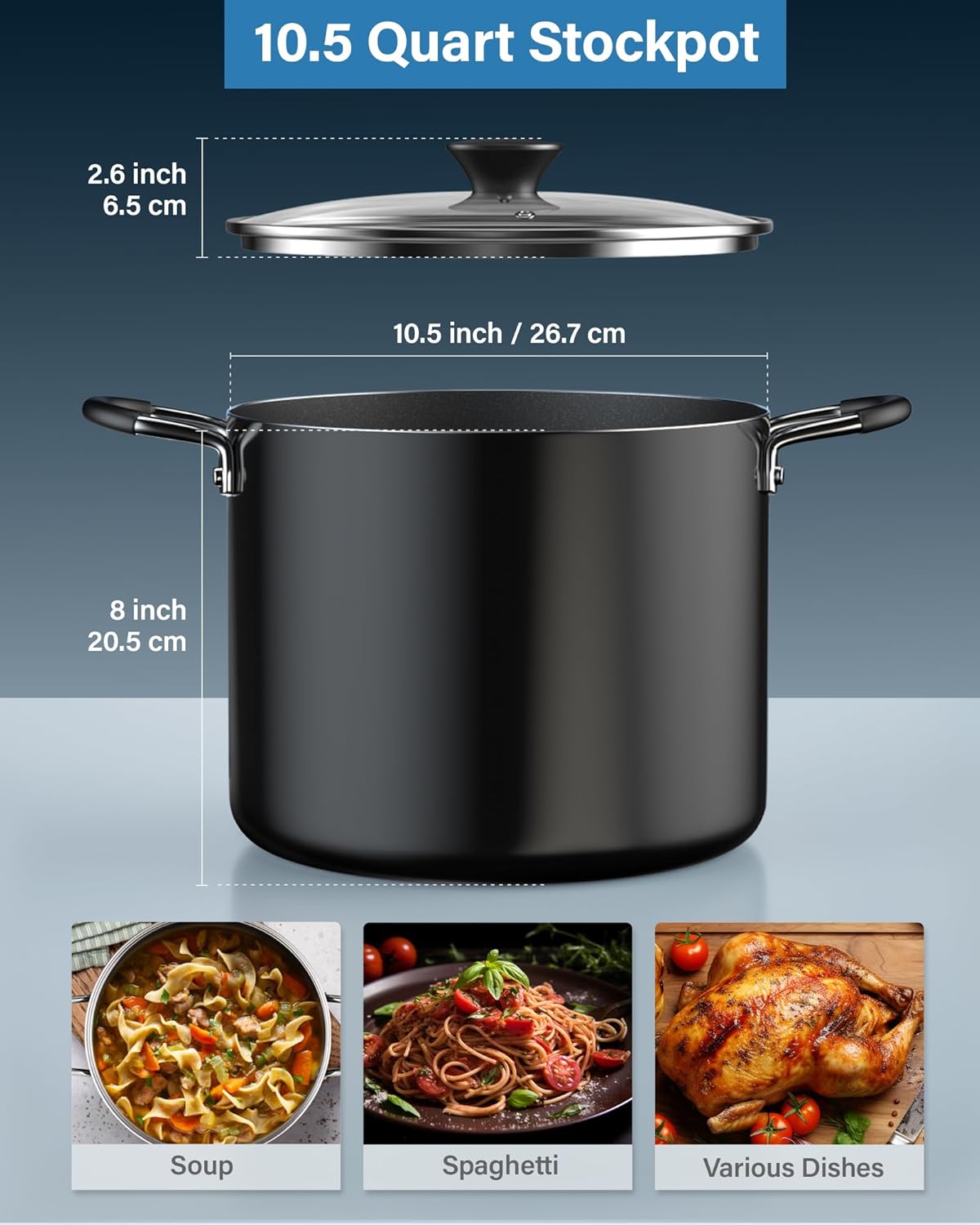 Nonstick Stockpot with Lid 10.5-Qt, Deep Cooking Pot Cookware Canning Stock Pot with Glass Lid, Black - Image 2
