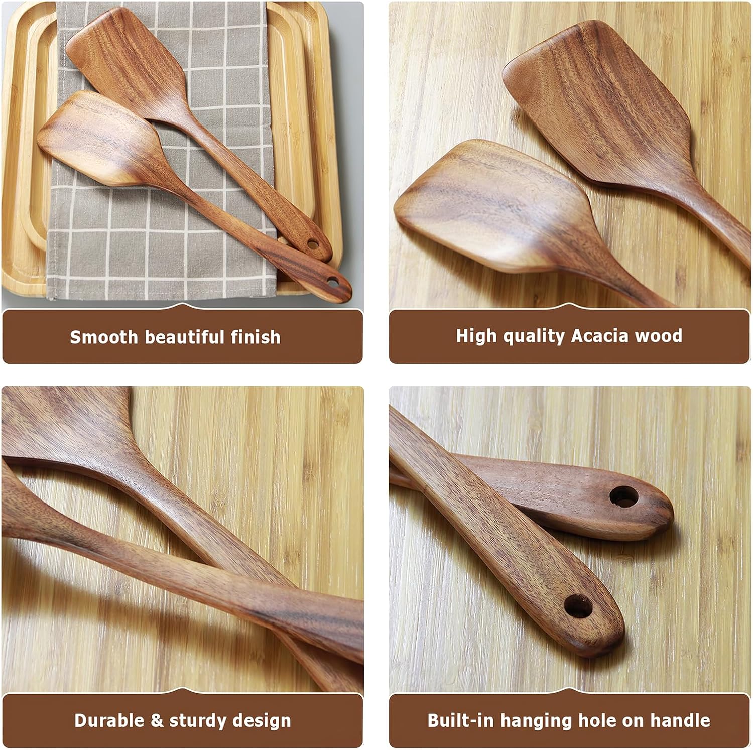 Wooden Spatula,12 Inch Flat Wood Wok Spatula,Wood Kitchen Utensils for Cooking,Long Handle Handmade Wooden Kitchenware for Nonstick Pan Cookware - Image 2