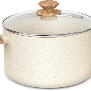 Nonstick Stock Pot, 6 Quart Cooking Pot with Lid, Induction Soup Pot White Granite, Non Stick Pot with Stay-cool Handle, 6 Quart Pot for Cooking