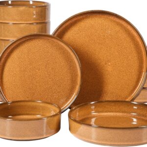 Oprah's Favorite Things - Santorini Mist Double Bowl Terracotta Reactive Glaze Plates and Bowls Dinnerware Set - Amber, Service for Four (16pcs)