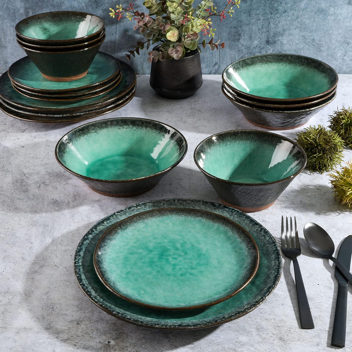 Service for 4 (16 Piece) Double Bowl Dinnerware Set, Teal, Soft Gray, Dinnerware Set - Image 2